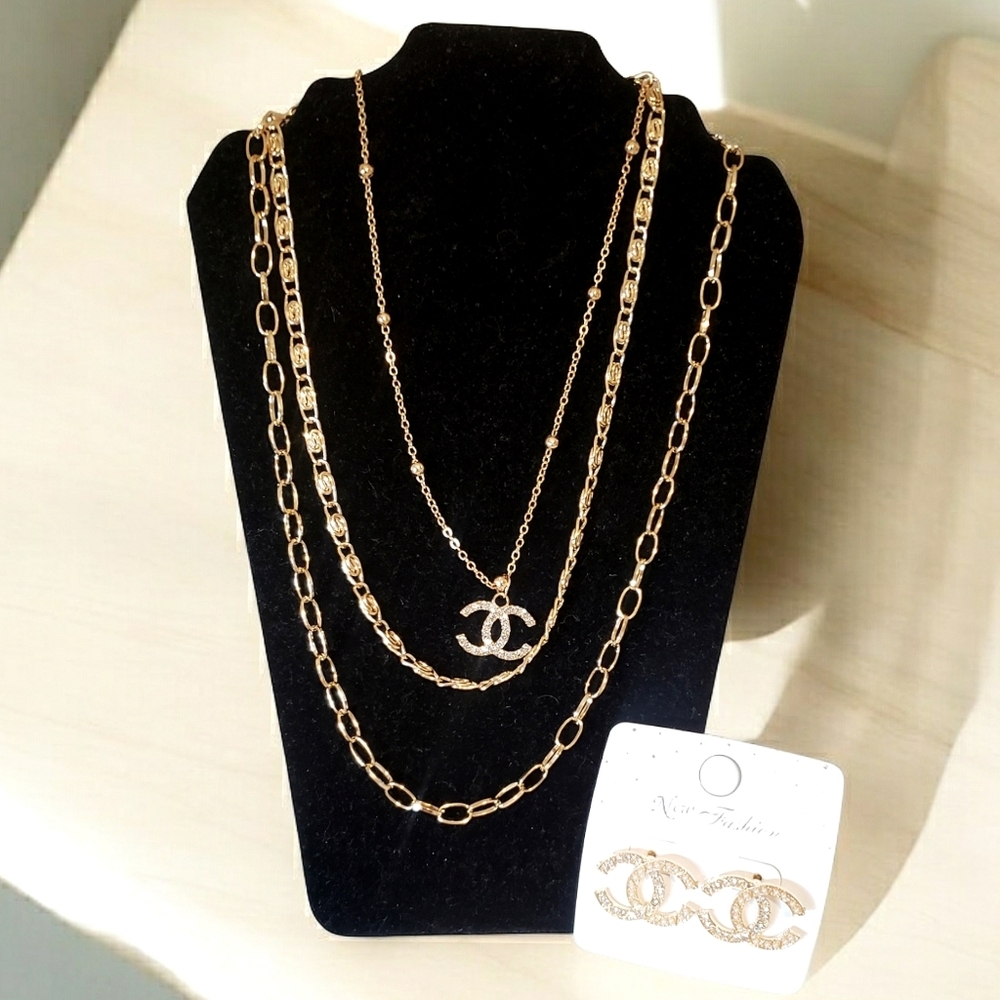 Initial Necklace Earrings Luxe Set Layered Double C Goldtone Faux Pearl New